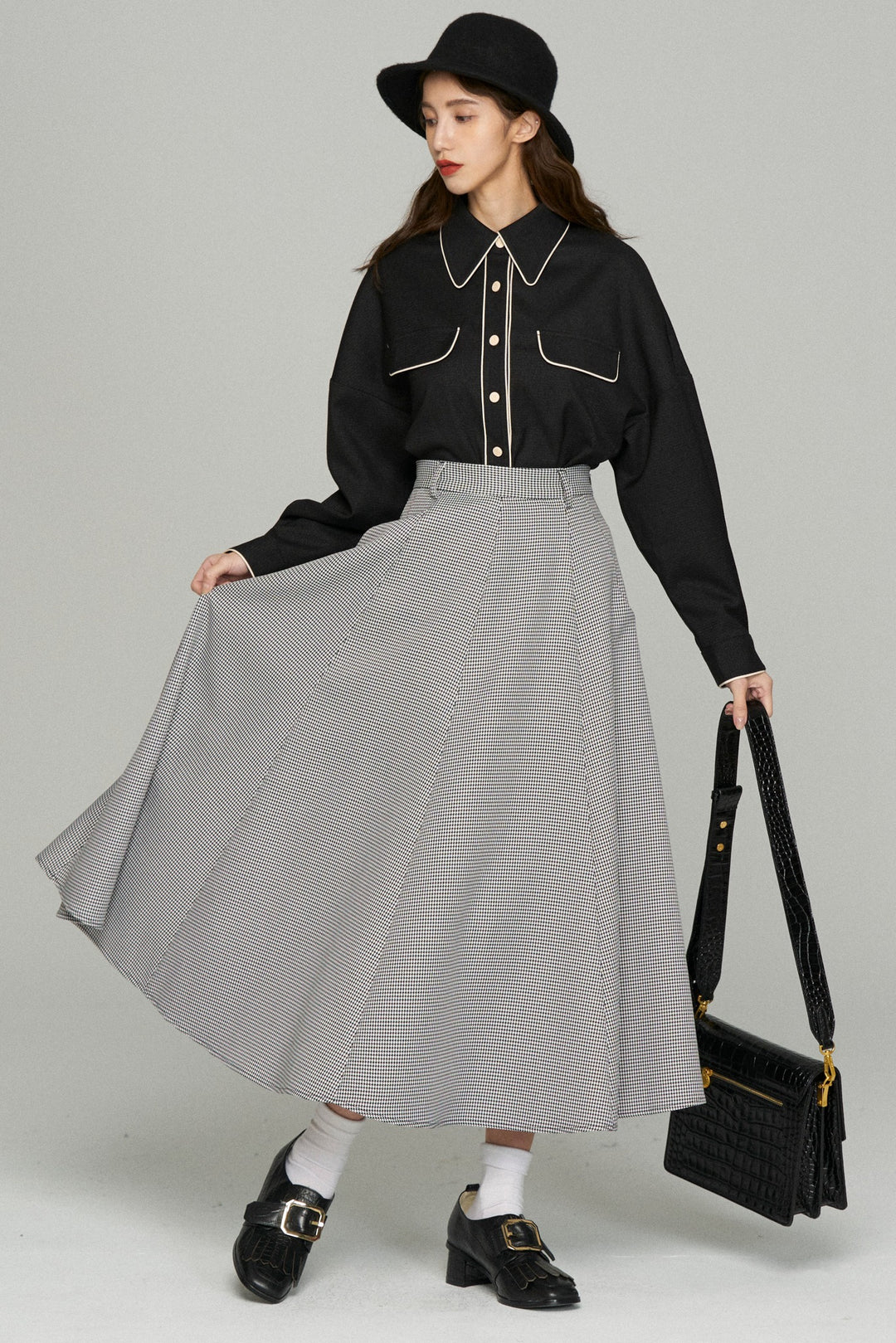 《つい一口食べちゃいました》ハイウエストサーキュラースカート-Houndstooth check