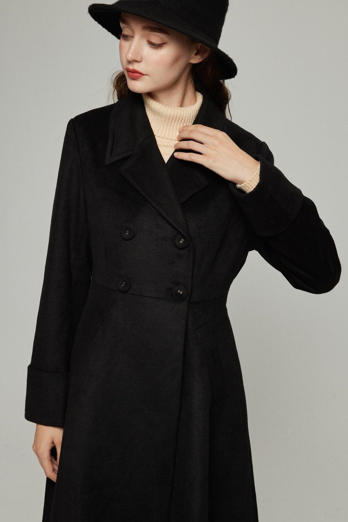 《サイコロに息を吹きかけて》ダブルブレストウールブレンドコート-Black