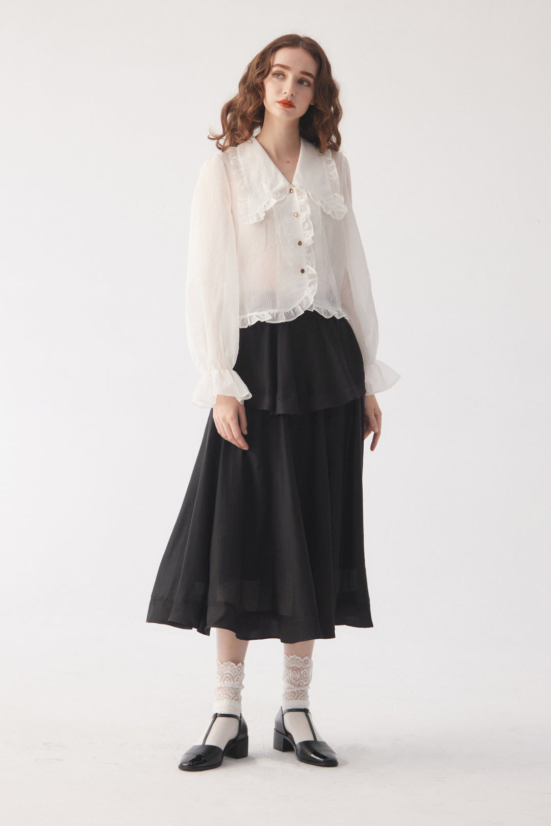 《メリーがまた嫉妬している》シースルーフリルブラウス-Off White
