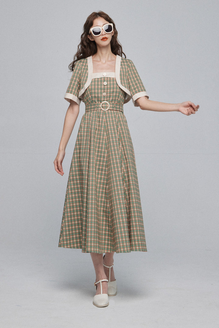 《北京ダックを持ち帰りで》ショルダーストラップハイウエストドレス-Green