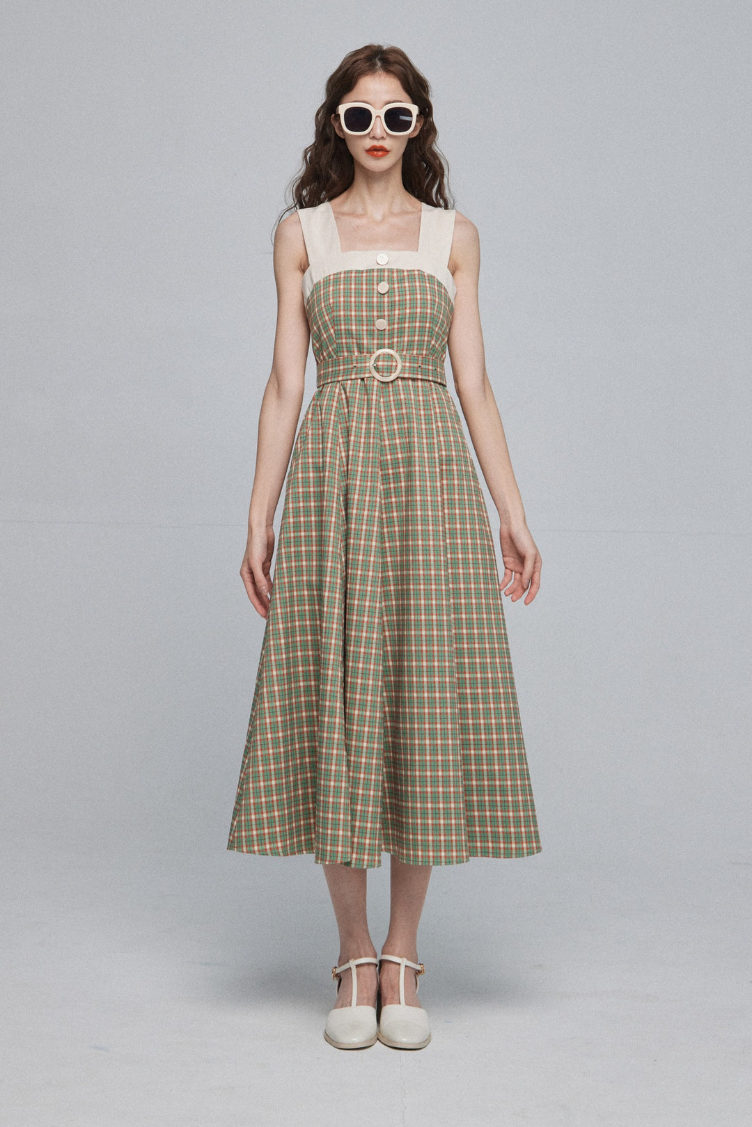 《北京ダックを持ち帰りで》ショルダーストラップハイウエストドレス-Green