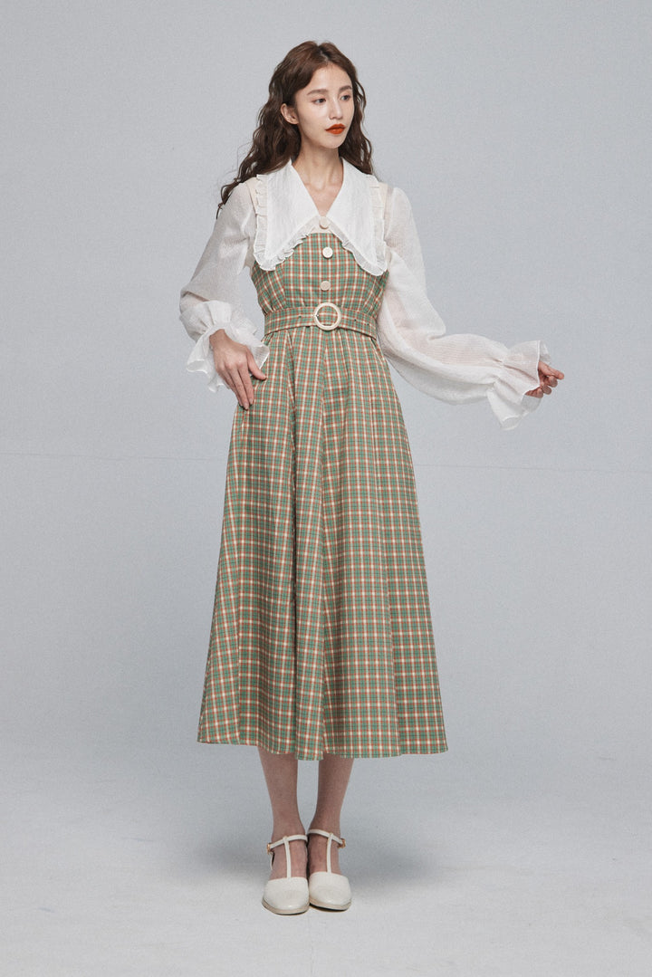 《北京ダックを持ち帰りで》ショルダーストラップハイウエストドレス-Green