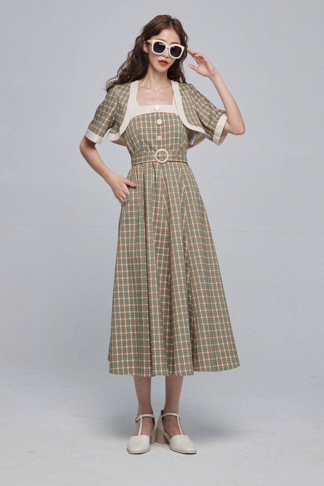 《北京ダックを持ち帰りで》ショルダーストラップハイウエストドレス-Green