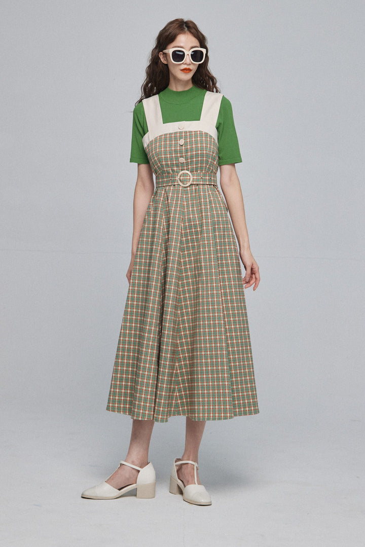 《北京ダックを持ち帰りで》ショルダーストラップハイウエストドレス-Green