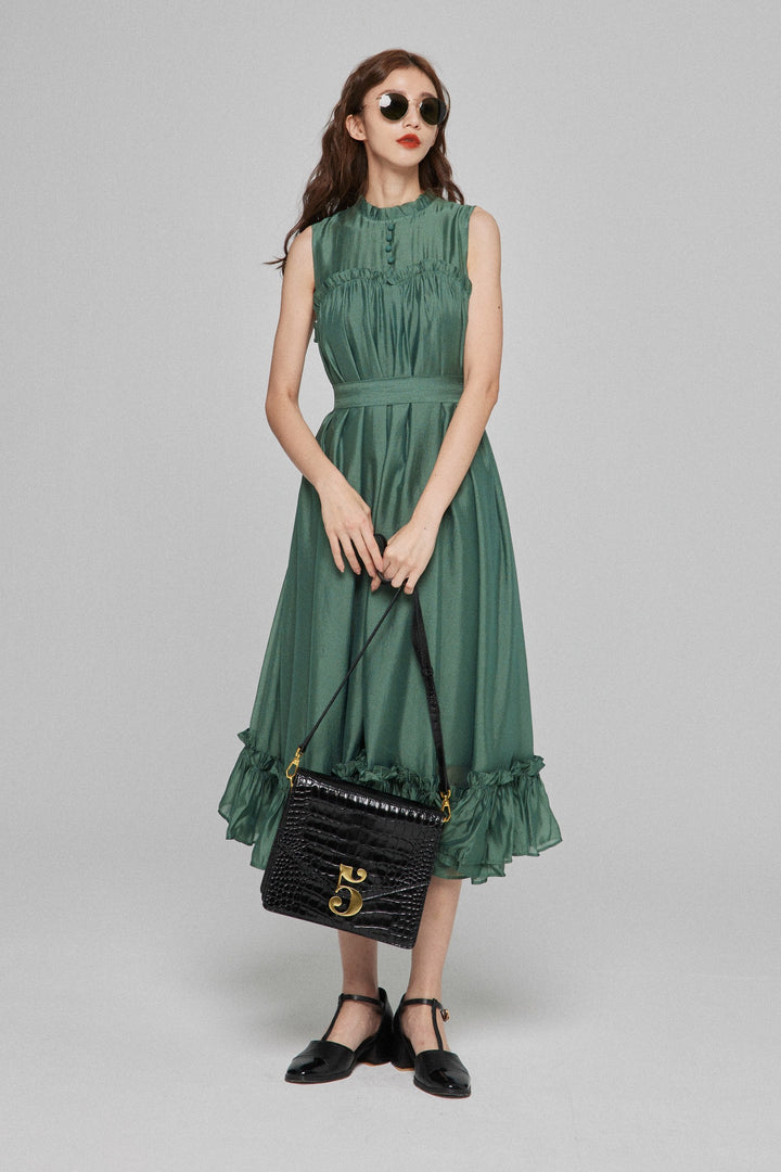 《キラキラ輝く湖面に》ラッフルトリムドレス-Dark green