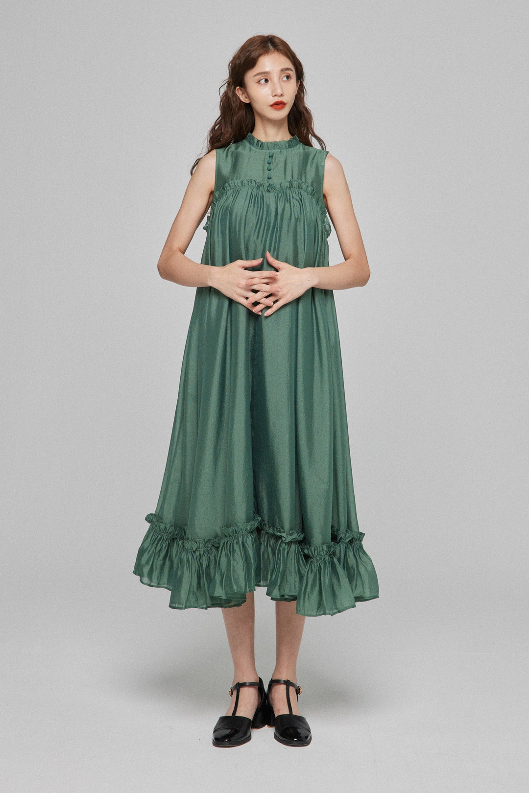《キラキラ輝く湖面に》ラッフルトリムドレス-Dark green