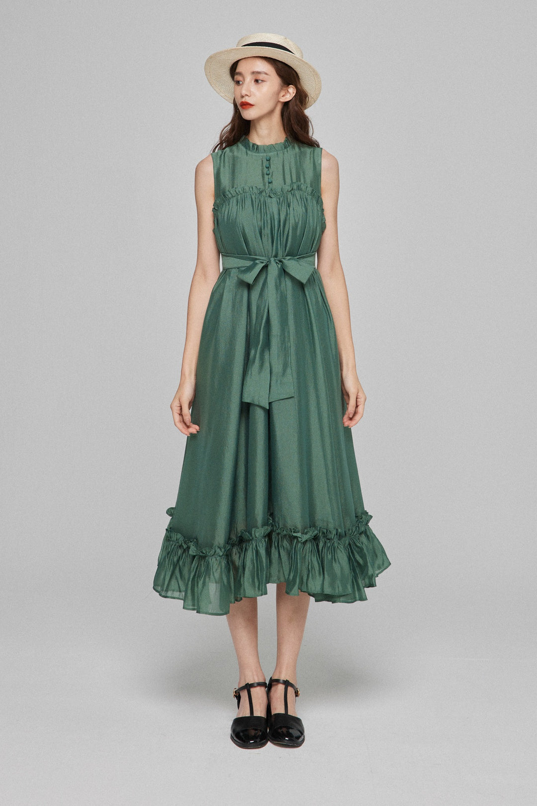 《キラキラ輝く湖面に》ラッフルトリムドレス-Dark green