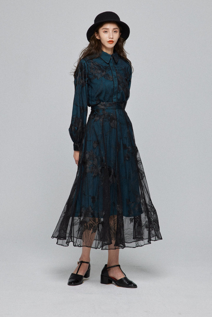 《サリーとデイヴィットのスキャンダル》シースルーエンブロイダリーハイウエストスカート-Dark green