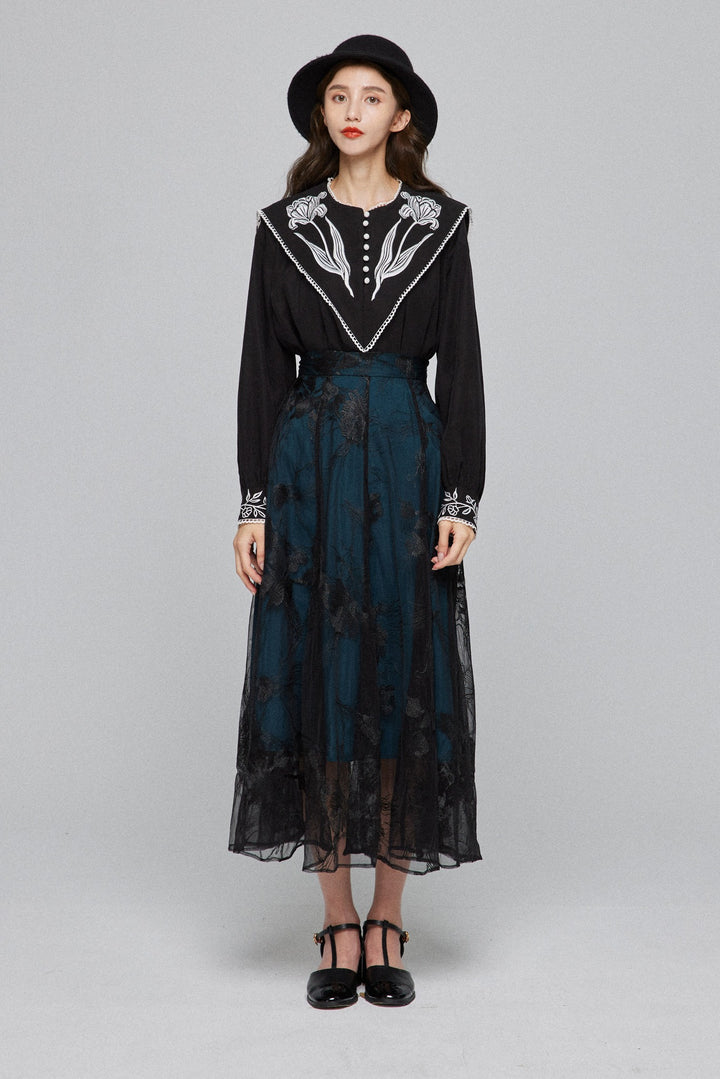 《サリーとデイヴィットのスキャンダル》シースルーエンブロイダリーハイウエストスカート-Dark green