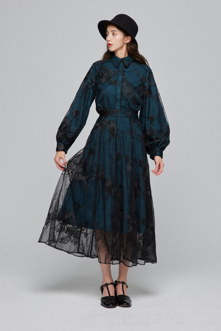 《サリーとデイヴィットのスキャンダル》シースルーエンブロイダリーハイウエストスカート-Dark green
