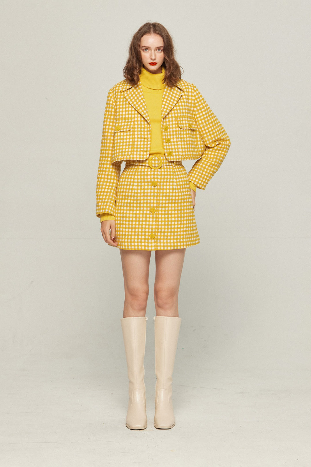 《ウィッグとサングラスをして》ギンガムチェックジャケット-Yellow