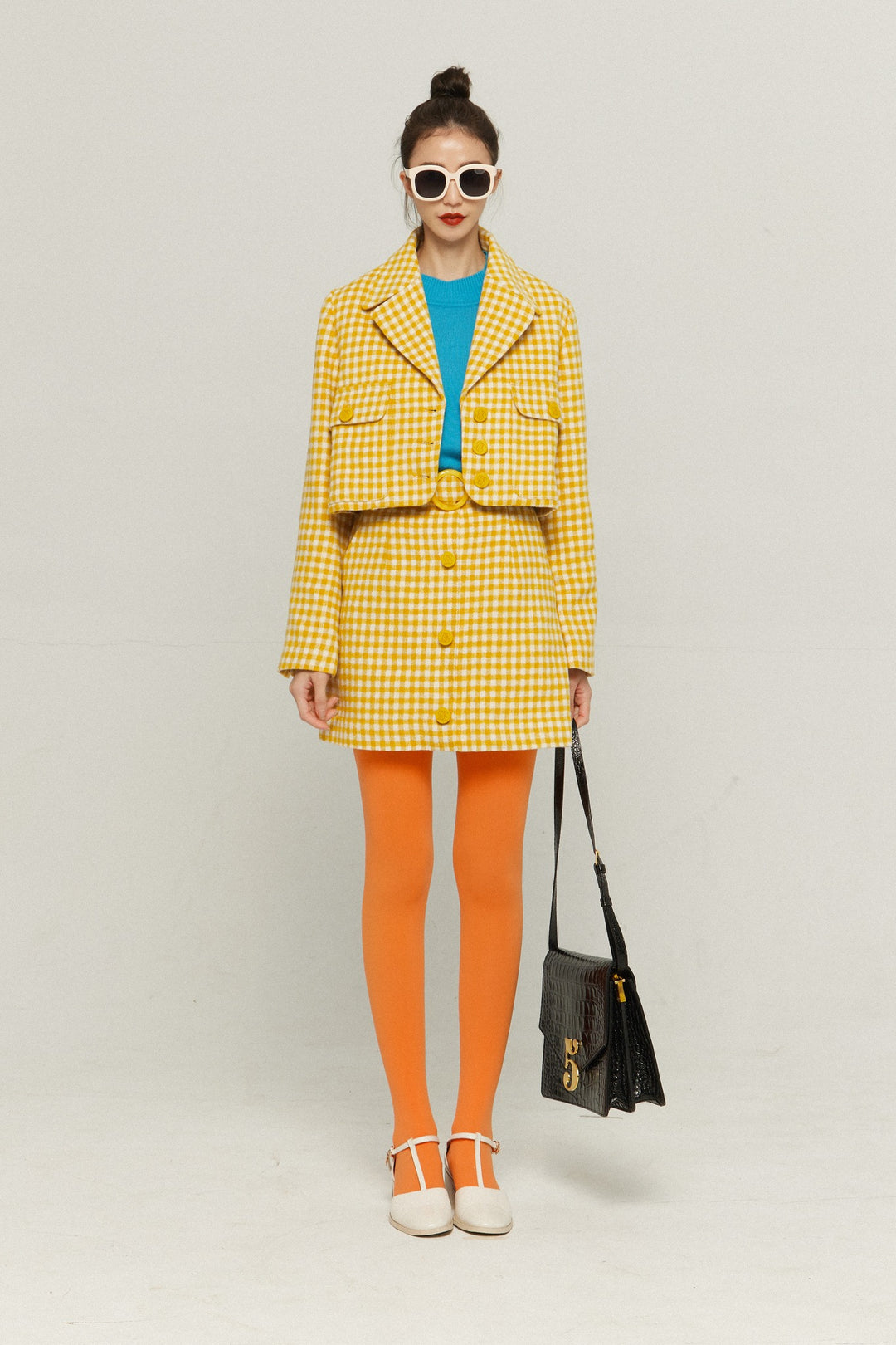 《ウィッグとサングラスをして》ギンガムチェックジャケット-Yellow