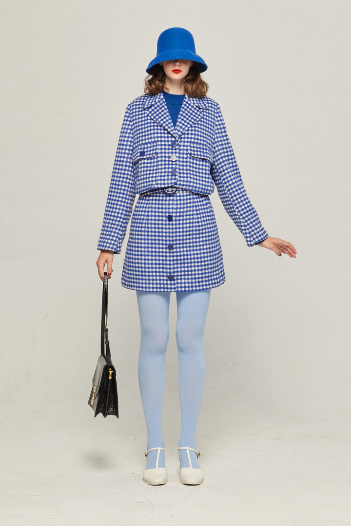 《ウィッグとサングラスをして》ギンガムチェックハイウエストスカート-Blue