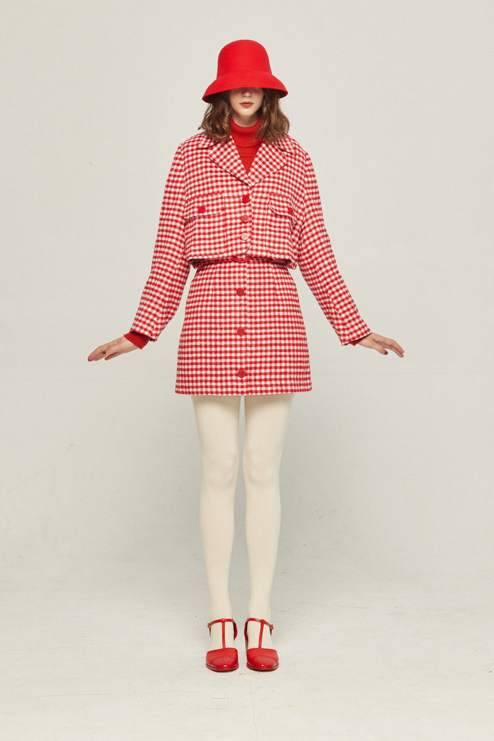 《ウィッグとサングラスをして》ギンガムチェックハイウエストスカート-Red
