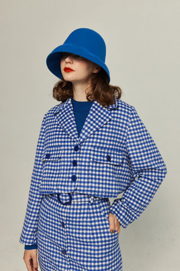 《ウィッグとサングラスをして》ギンガムチェックハイウエストスカート-Blue