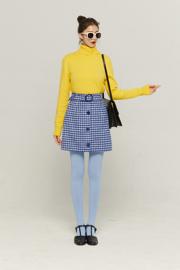 《ウィッグとサングラスをして》ギンガムチェックハイウエストスカート-Blue