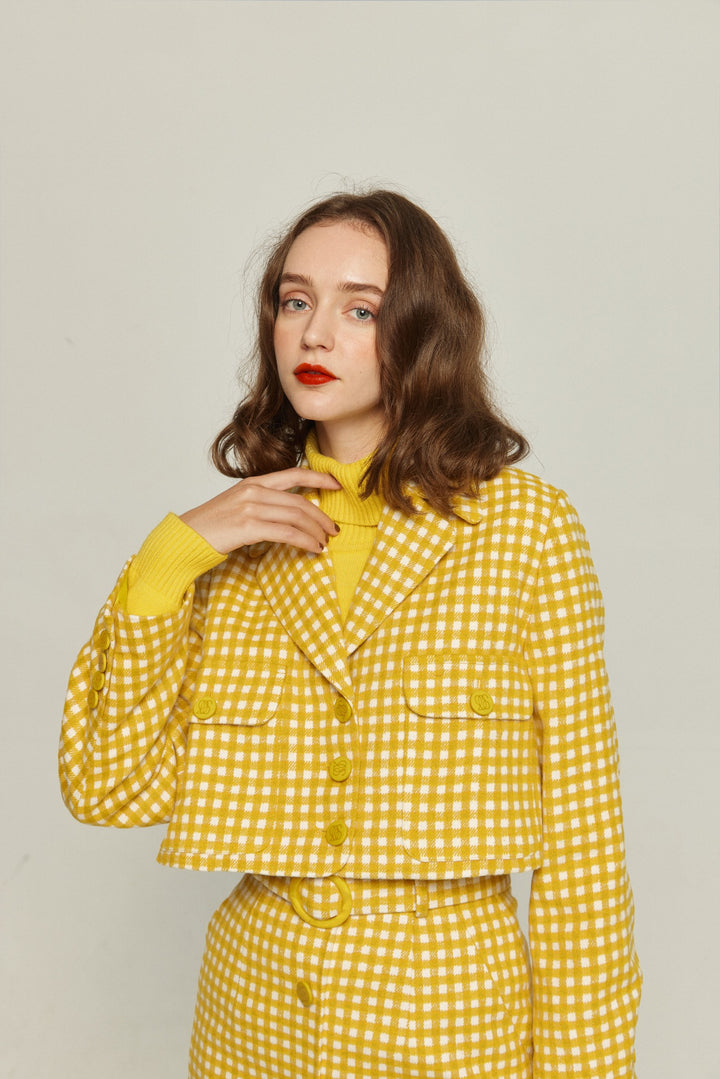 《ウィッグとサングラスをして》ギンガムチェックジャケット-Yellow