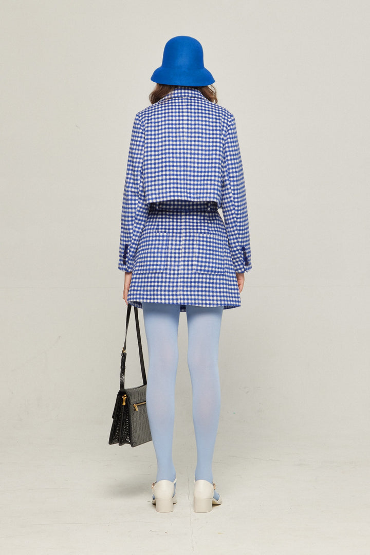 《ウィッグとサングラスをして》ギンガムチェックハイウエストスカート-Blue
