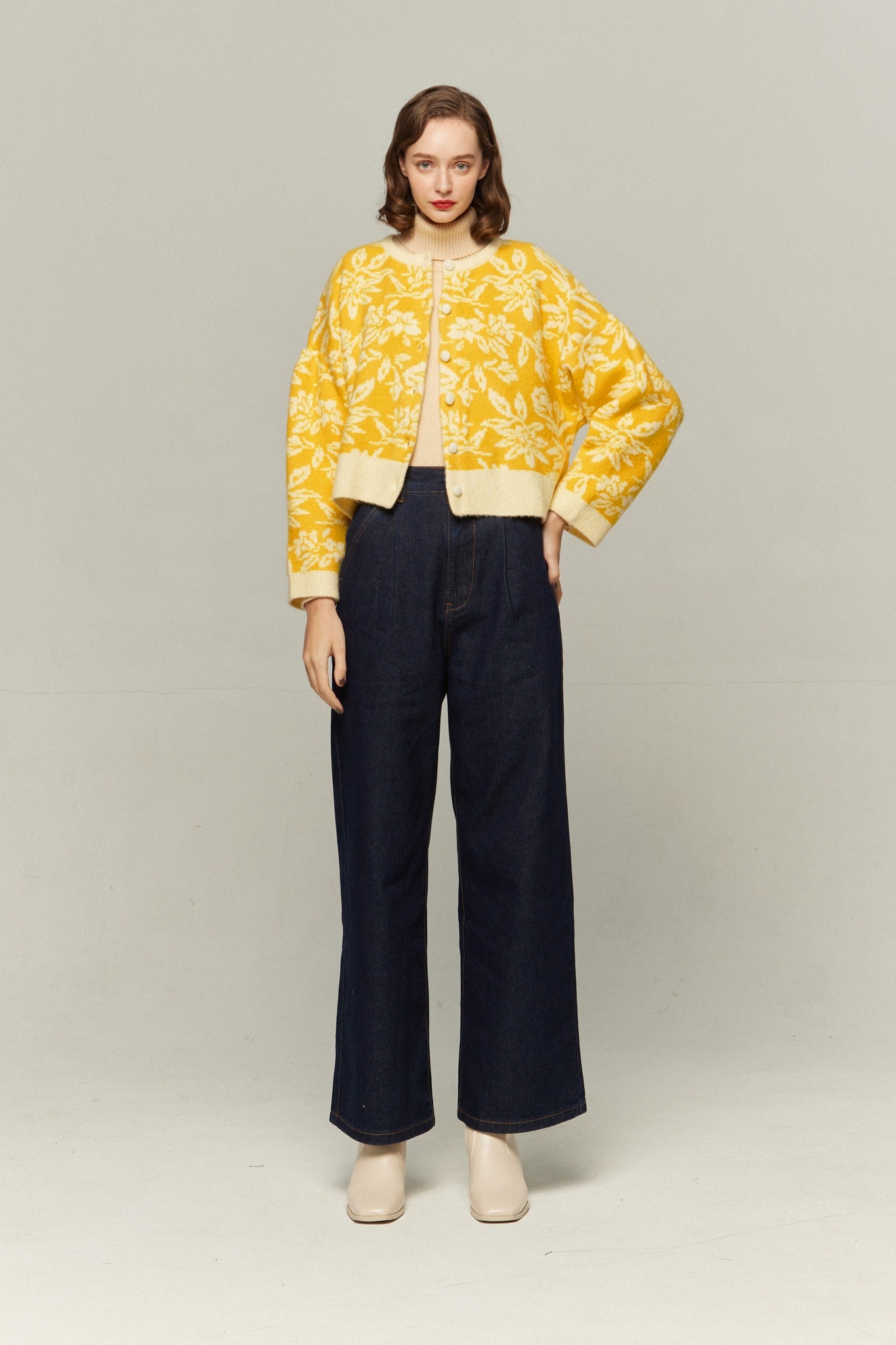 《有毒植物図鑑》フラワーパターンニットカーディガン-Yellow
