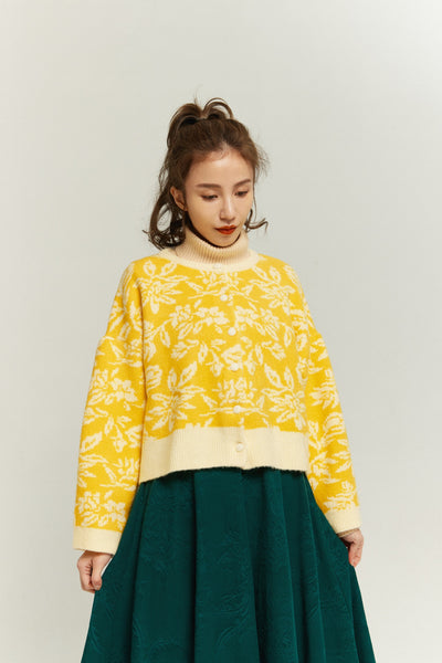 《有毒植物図鑑》フラワーパターンニットカーディガン-Yellow