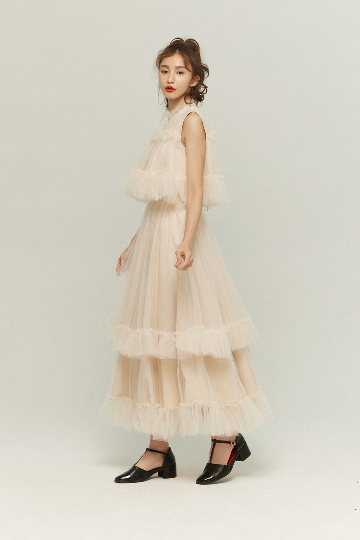 《実は私300歳》チュールフリルハイウエストフレアスカート-Cream