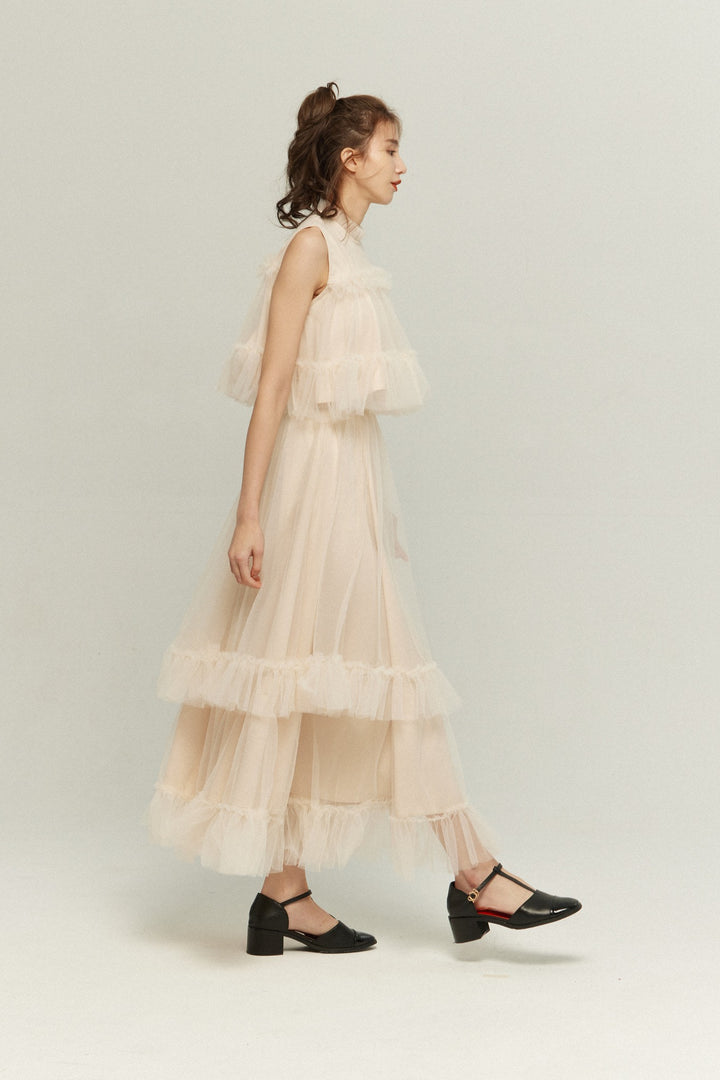 《実は私300歳》チュールフリルハイウエストフレアスカート-Cream