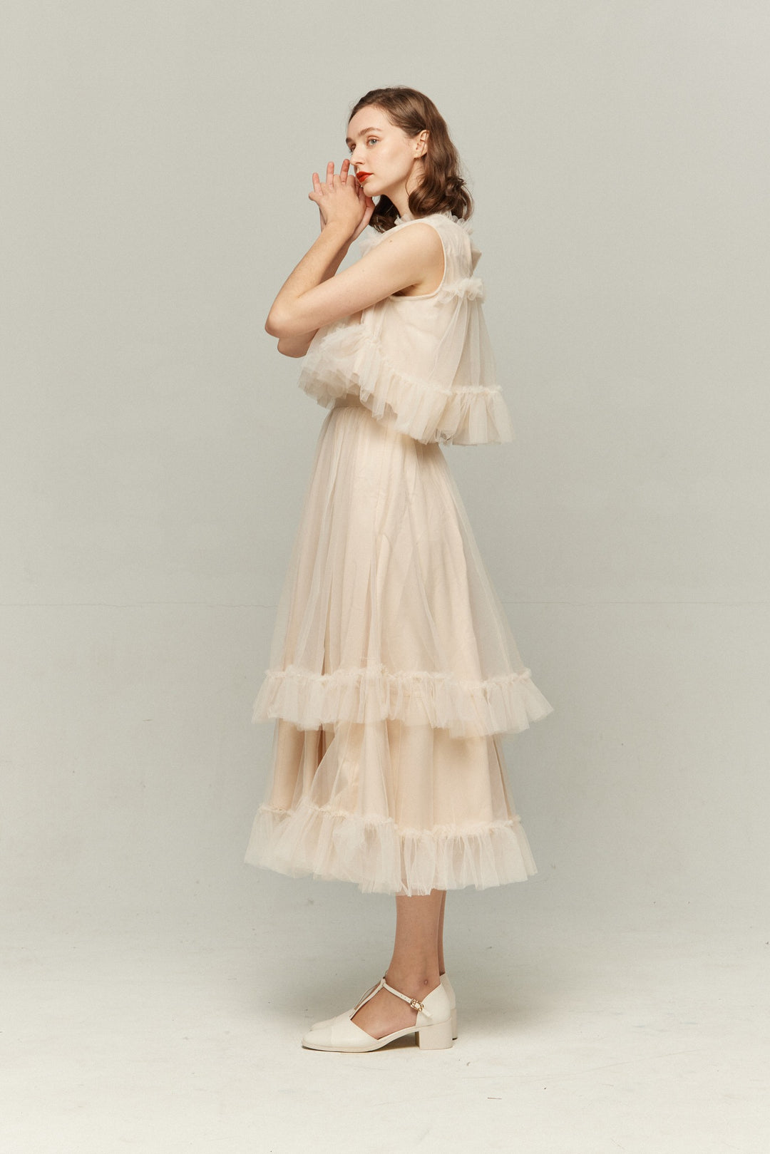 《実は私300歳》チュールフリルハイウエストフレアスカート-Cream