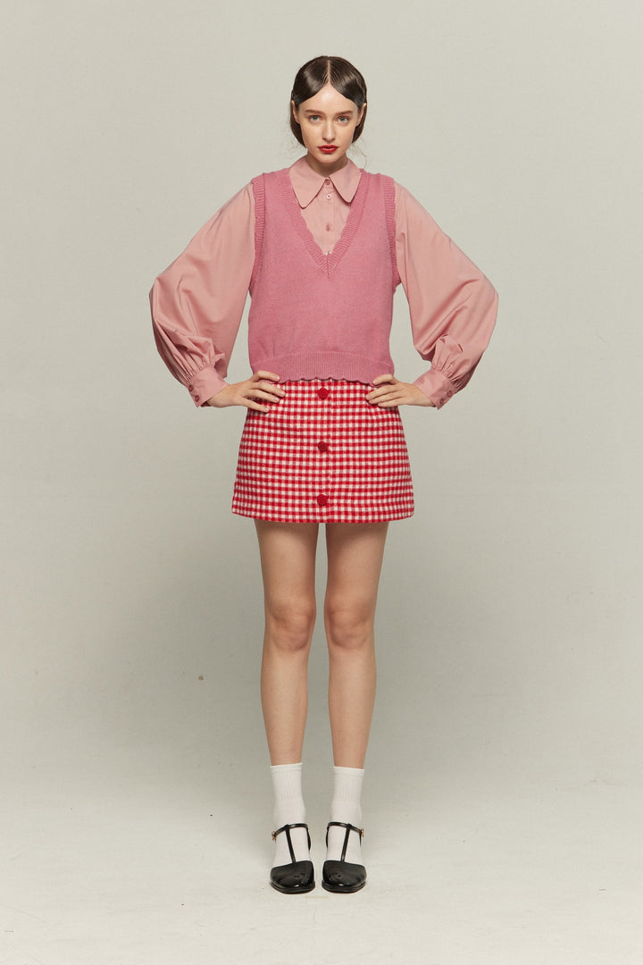 《ウィッグとサングラスをして》ギンガムチェックハイウエストスカート-Red