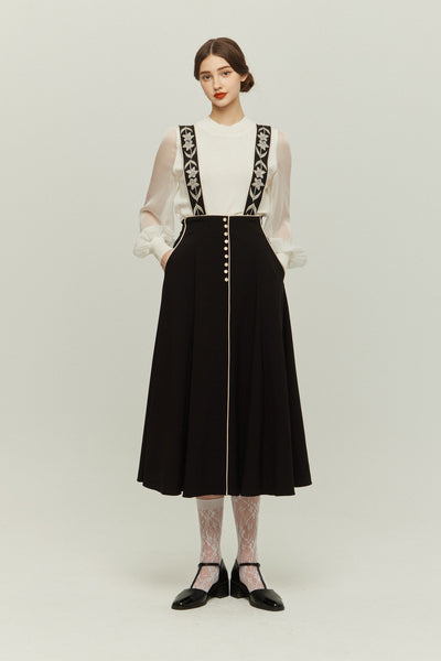 《櫛はいりません》フラワーエンブロイダリーサスペンダースカート-Black