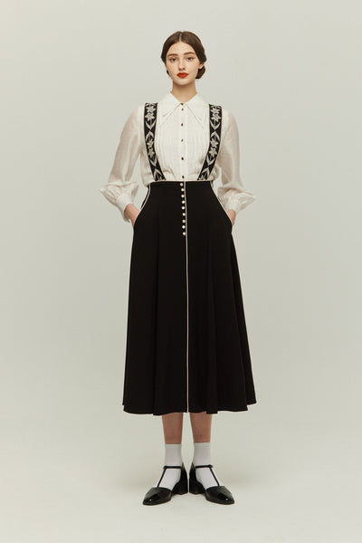 《櫛はいりません》フラワーエンブロイダリーサスペンダースカート-Black