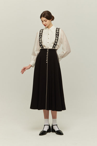 《櫛はいりません》フラワーエンブロイダリーサスペンダースカート-Black