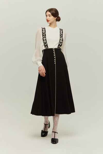 《櫛はいりません》フラワーエンブロイダリーサスペンダースカート-Black