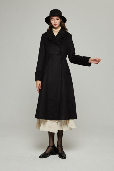 《サイコロに息を吹きかけて》ダブルブレストウールブレンドコート-Black