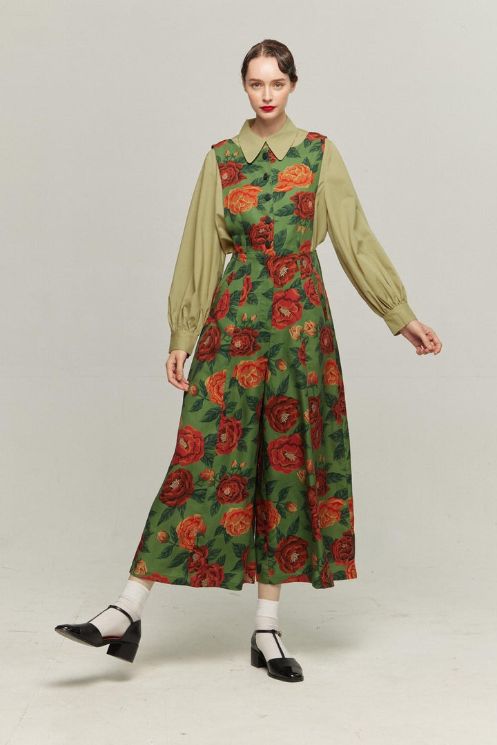 《この牧場のオーナー》フローラルパターンオーバーオール-Green