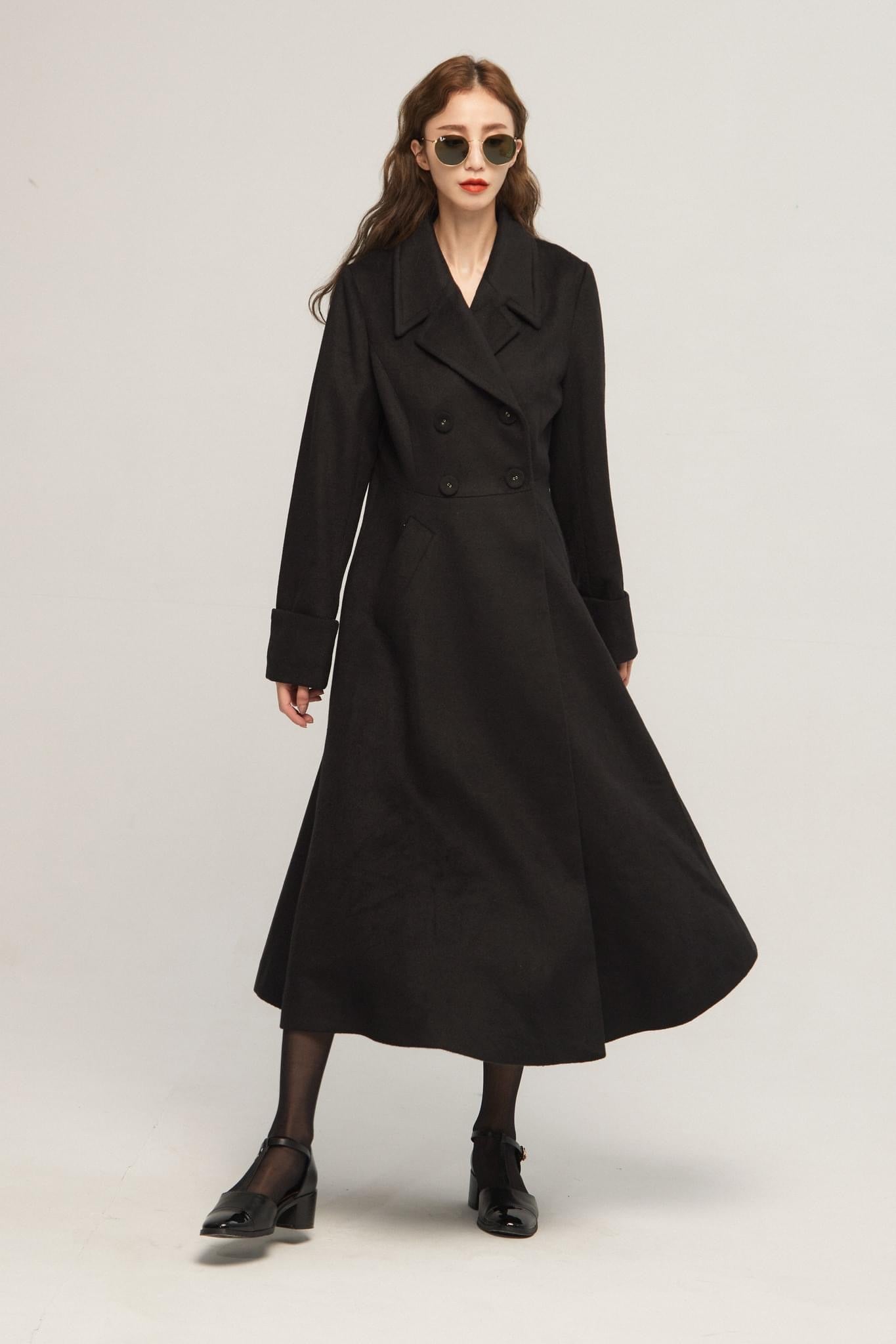 《サイコロに息を吹きかけて》ダブルブレストウールブレンドコート-Black