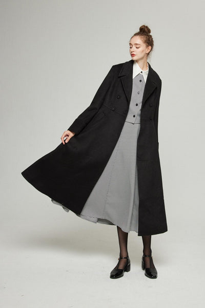 《サイコロに息を吹きかけて》ダブルブレストウールブレンドコート-Black