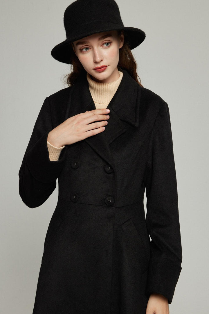 《サイコロに息を吹きかけて》ダブルブレストウールブレンドコート-Black