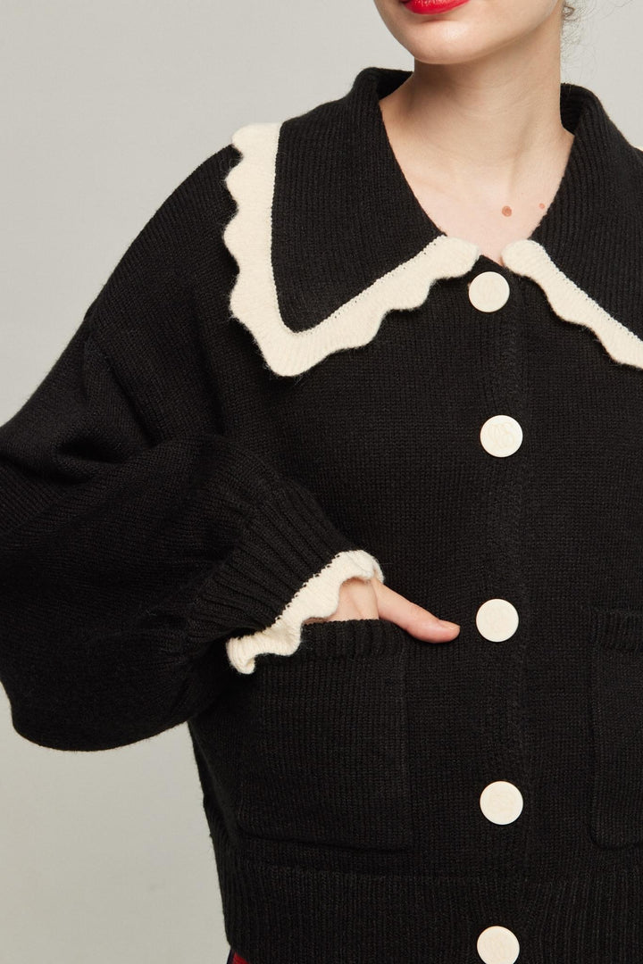 《サラダしか食べたくない》スカラップデザインニットカーディガン-Black