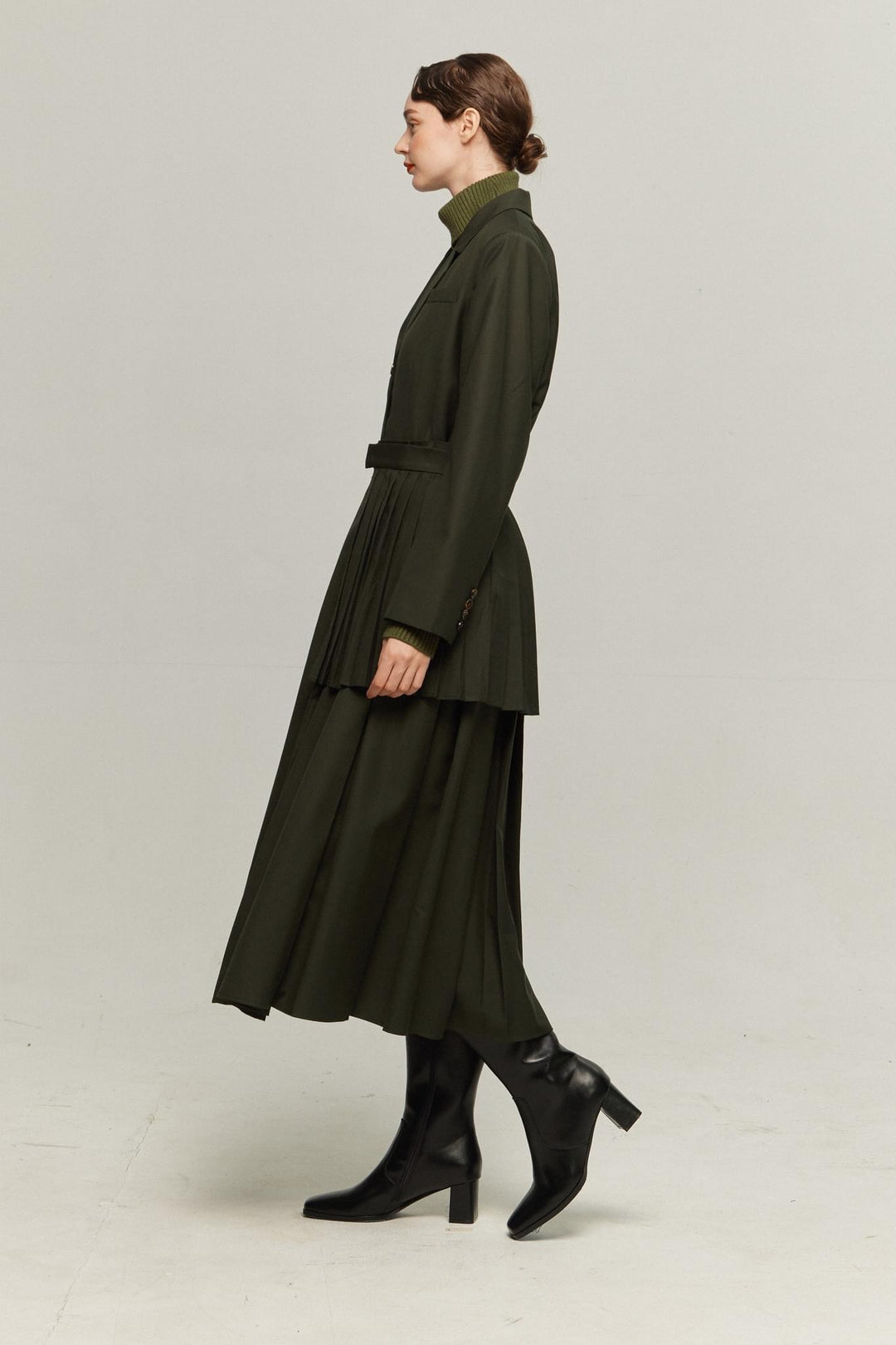 《電話を切らなくちゃ》ハイウエストボックスプリーツスカート-Dark green