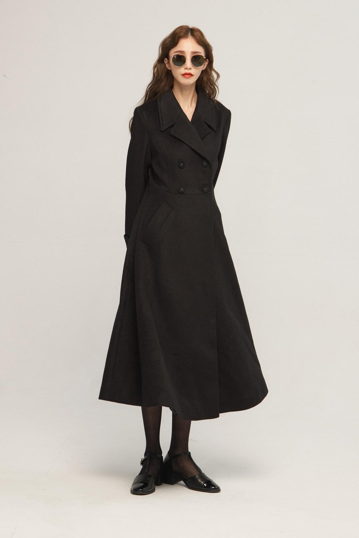 《サイコロに息を吹きかけて》ダブルブレストウールブレンドコート-Black
