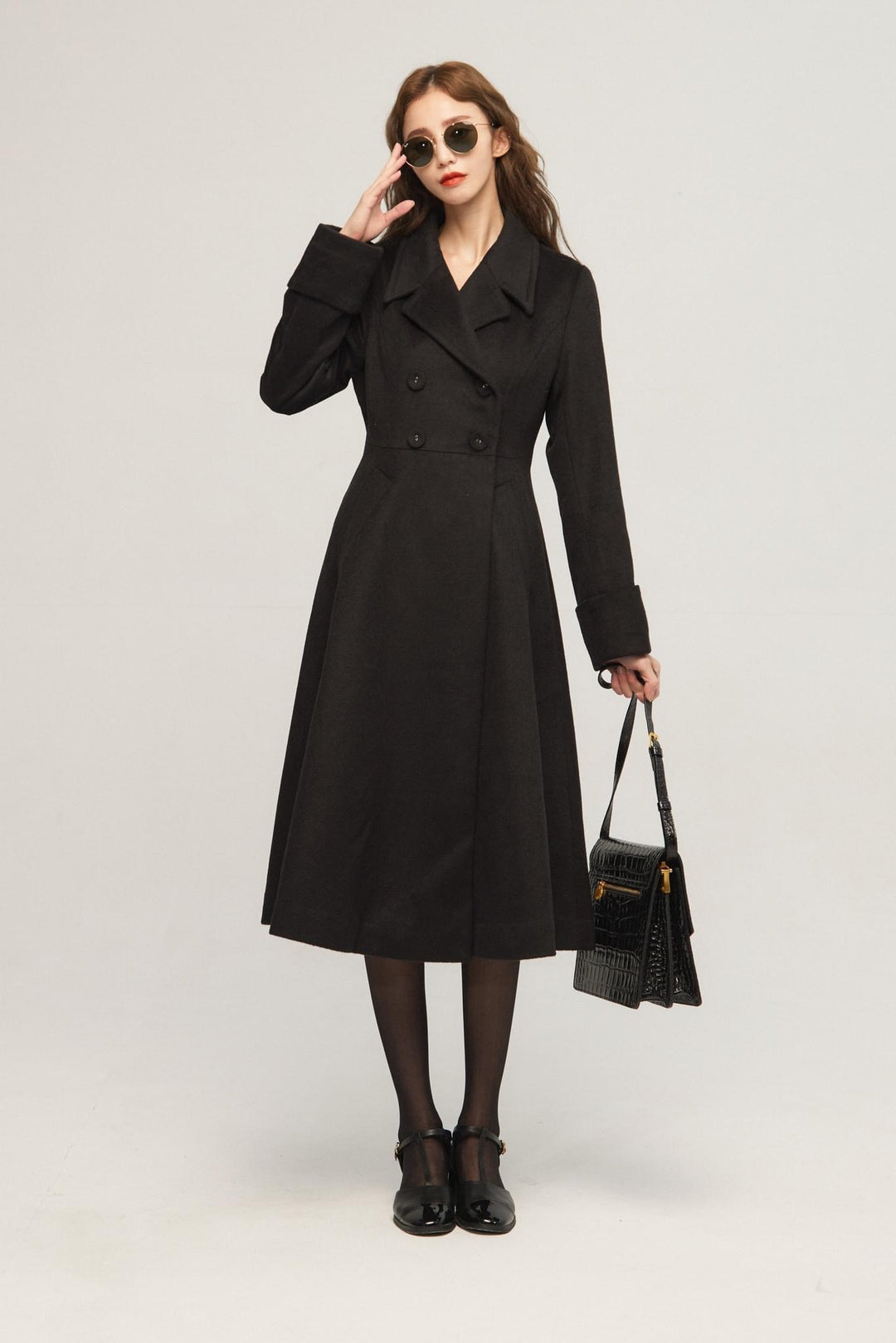 《サイコロに息を吹きかけて》ダブルブレストウールブレンドコート-Black
