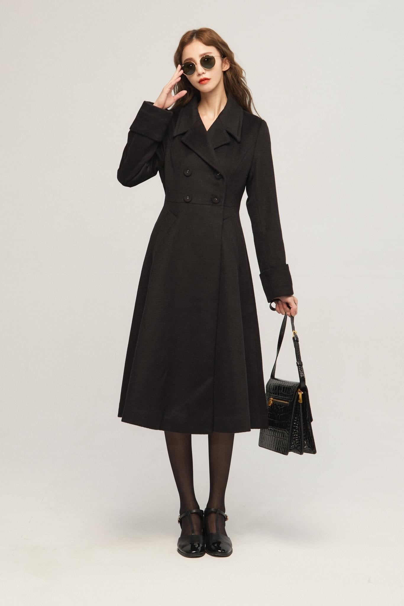 《サイコロに息を吹きかけて》ダブルブレストウールブレンドコート-Black