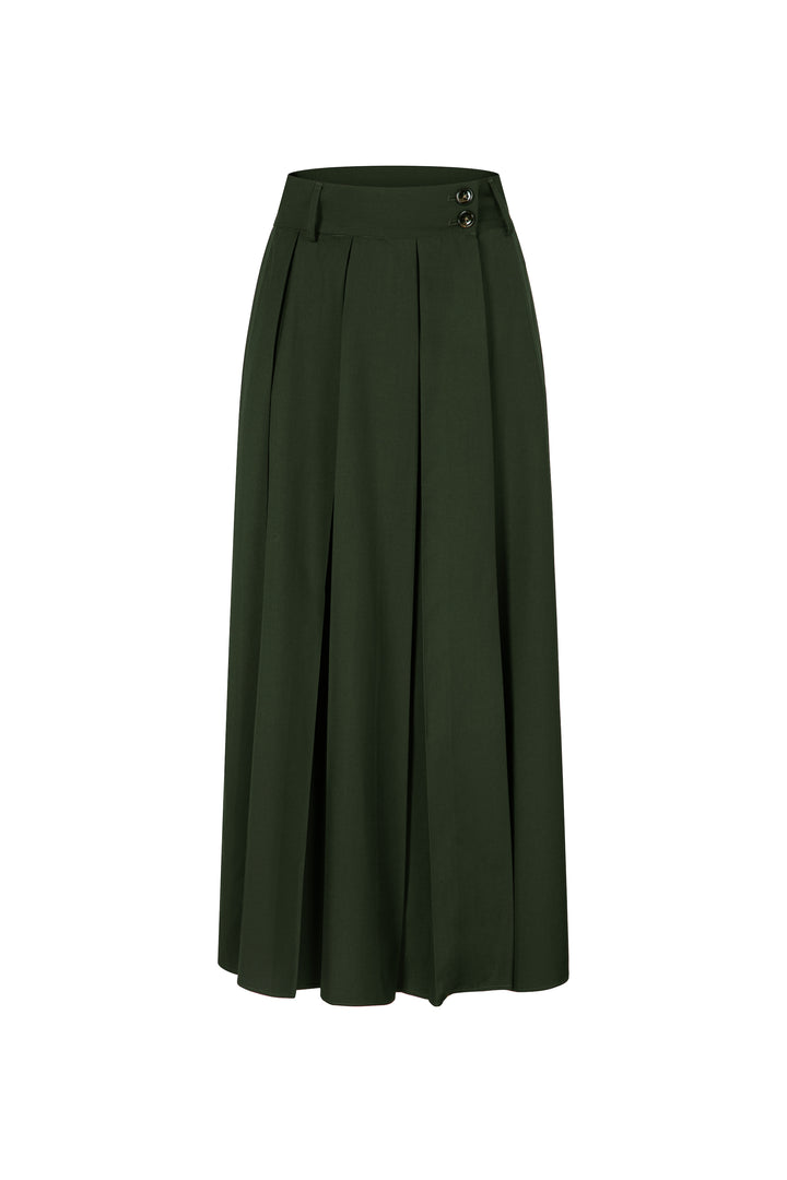 《電話を切らなくちゃ》ハイウエストボックスプリーツスカート-Dark green