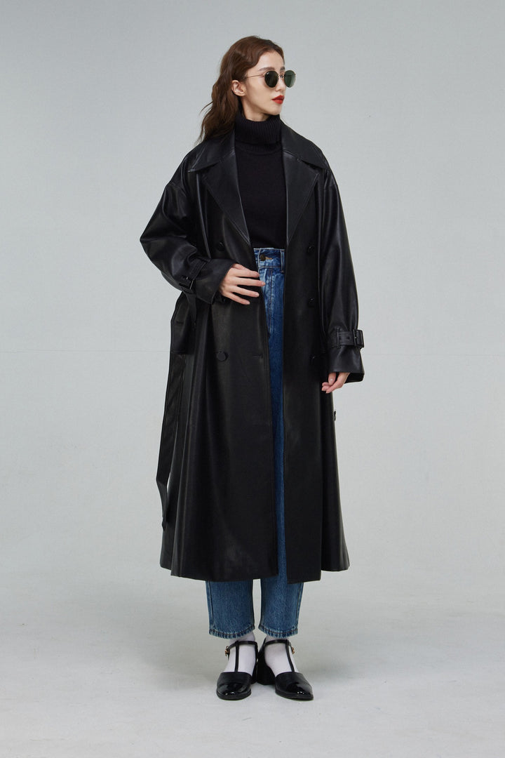 《黒幕の登場》ダブルブレストフェイクレザーコート-Black