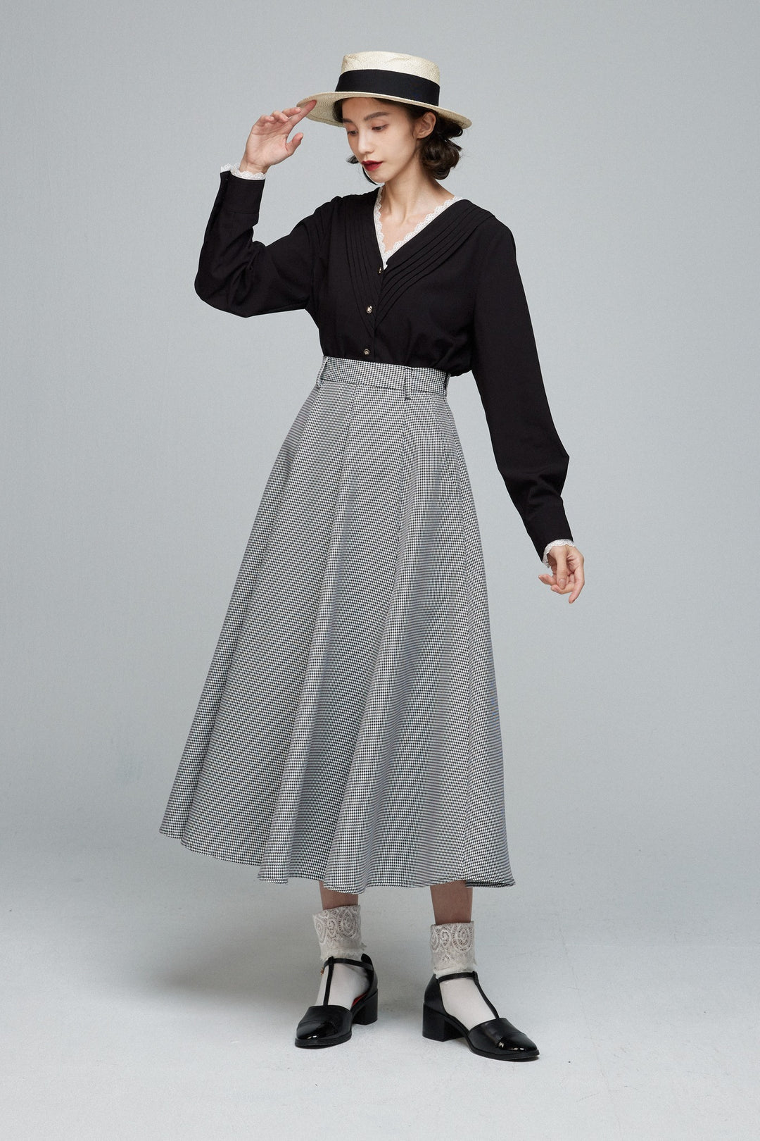 《つい一口食べちゃいました》ハイウエストサーキュラースカート-Houndstooth check