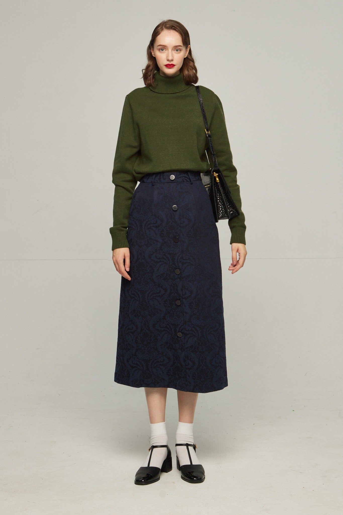 《タクシーを呼んで》ハイウエストシノワズリジャガードスカート-Navy